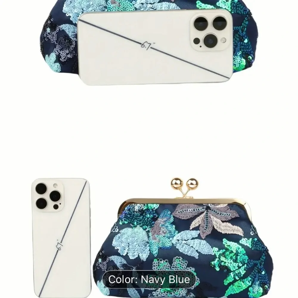Navy Blue Sequin Floral Evening Clutch - Picture 2 of 6